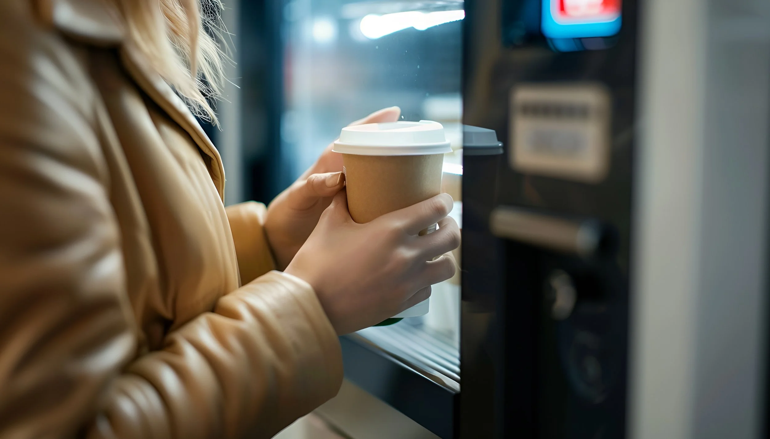 Person in a tan jacket holding a coffee cup at a vending machine.