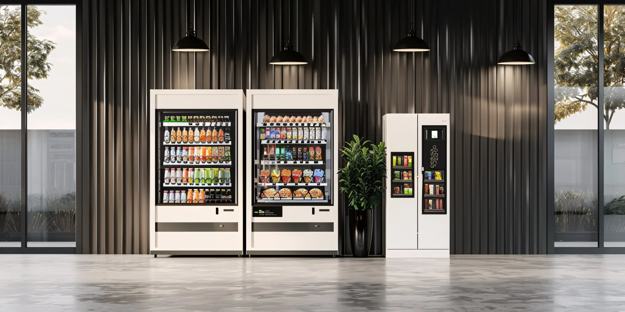 Two vending machines filled with snacks, a small vending machine with snacks, and a potted plant in front of a black metal wall with bright lighting.