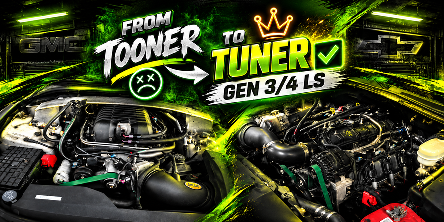 Comparison of two car engines with a graphic overlay indicating transition from 'Tooner' to 'Tuner', highlighting car modification or tuning.