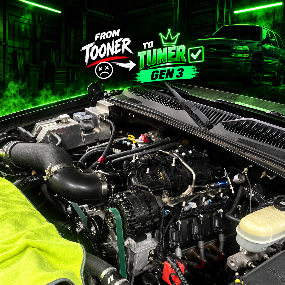 Close-up view of a car engine with a garage background, featuring a neon sign that says 'From Tooner to Tuner Gen 3' in green and white, with a crown and checkmark. A black SUV is seen in the background.