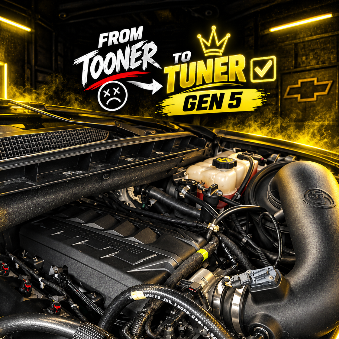 An engine bay of a car with a neon sign on the wall behind it. The sign reads 'From Tooner to Tuner Gen 5' with a crown, check box, a sad face, and a Chevrolet logo. The engine has various hoses and components visible.