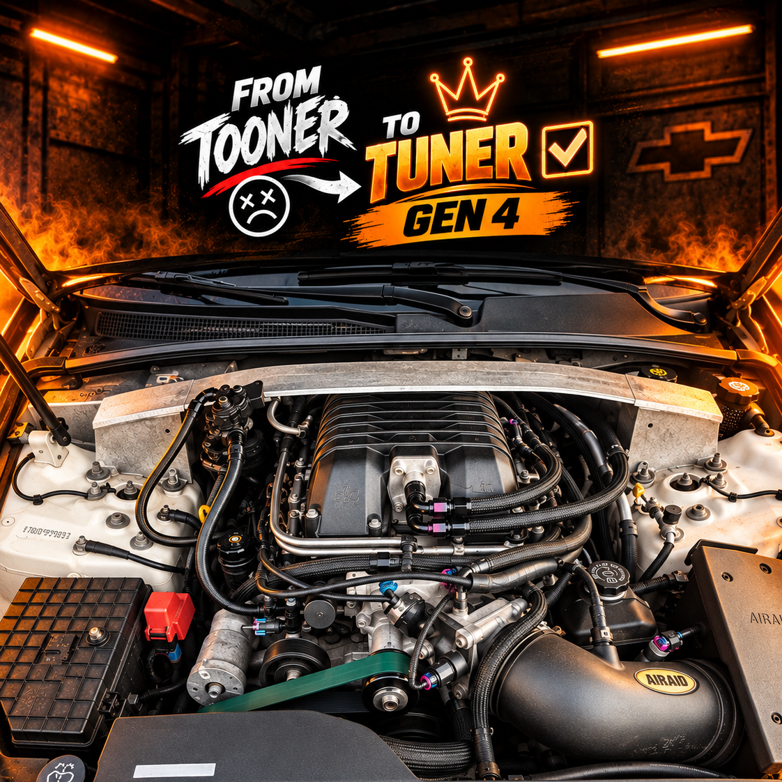 A detailed car engine underneath a hood reflecting a neon-lit sign that reads "From Tooner to Tuner Gen 4" with flames in the background.