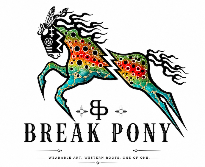 Stylized colorful horse with flames and speckled pattern, black mane with feathers, and text saying 'Break Pony' with decorative elements.