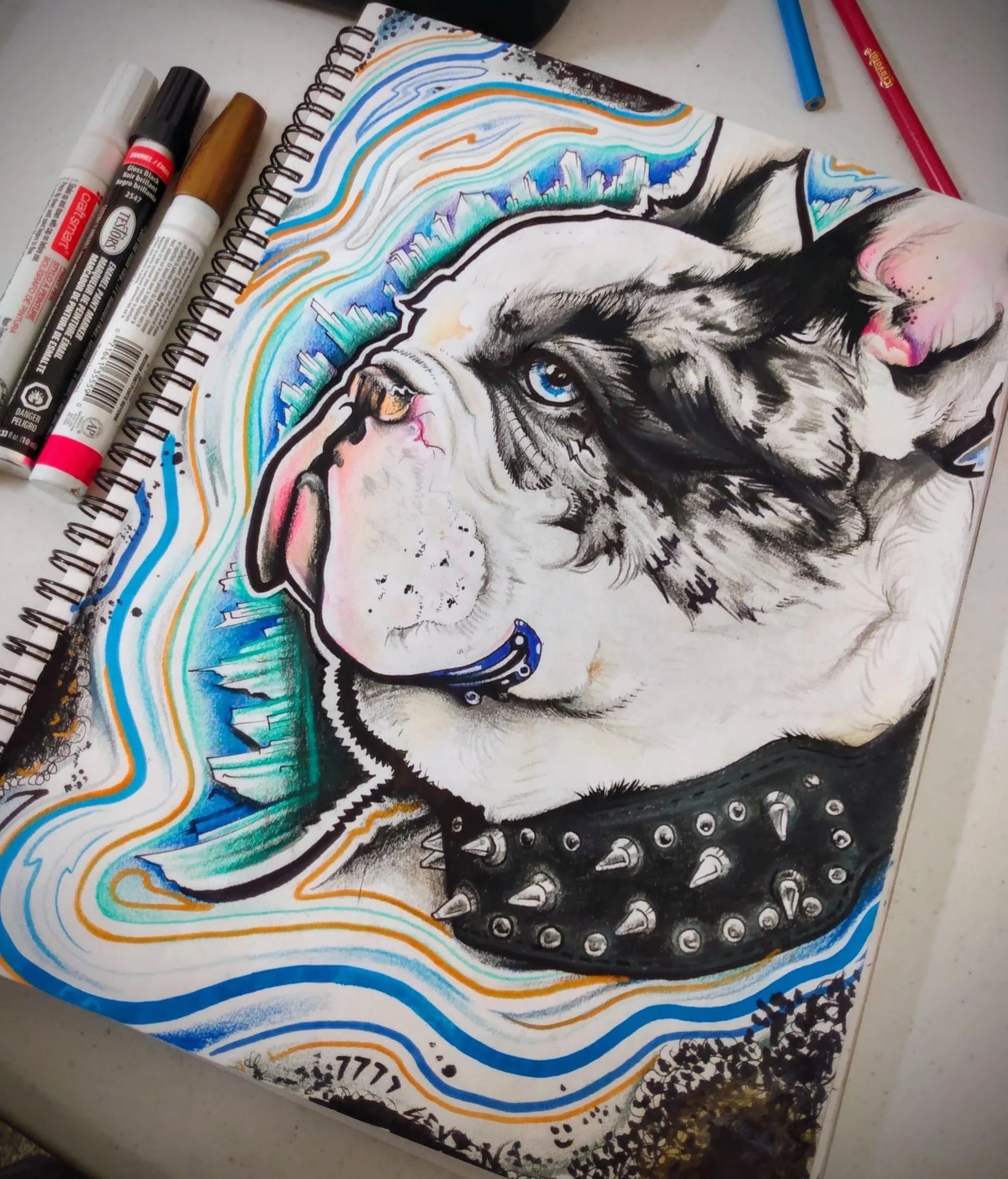 Colorful drawing of a dog with spiked collar, featuring a combination of realistic and stylized elements, surrounded by vibrant wavy lines and abstract patterns.