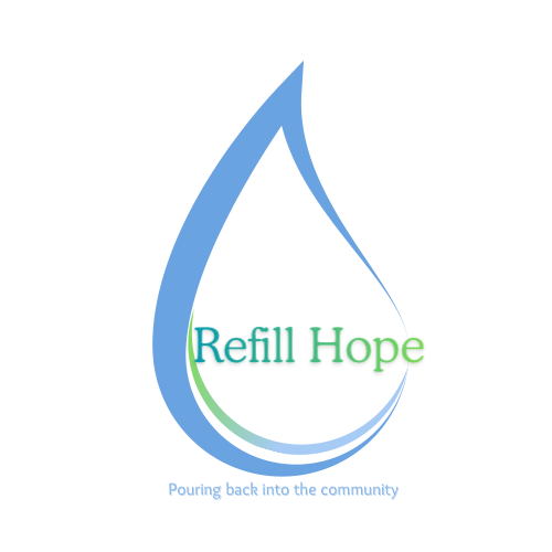 Logo with a water droplet and the text 'Refill Hope' in green and blue colors.