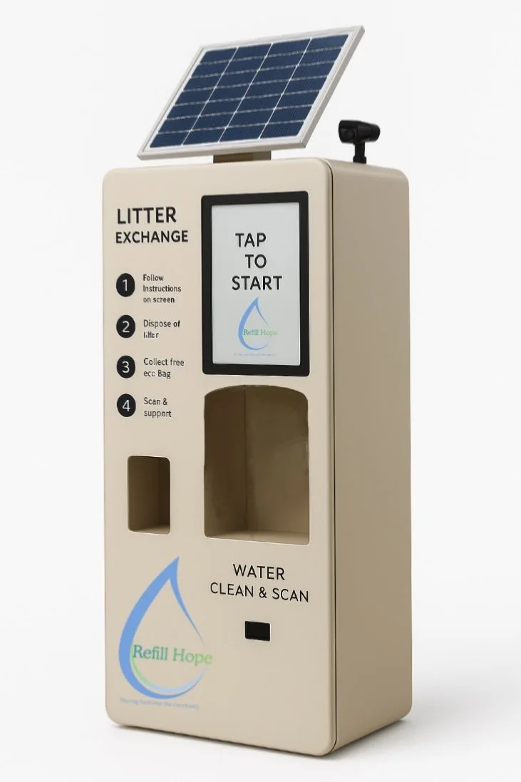 A solar-powered kiosk designed for recycling litter. It has a touchscreen that instructs users to tap to start, a slot for depositing litter, and a support area for scanning. The kiosk features solar panels on top and a water cleaning and scanning function.