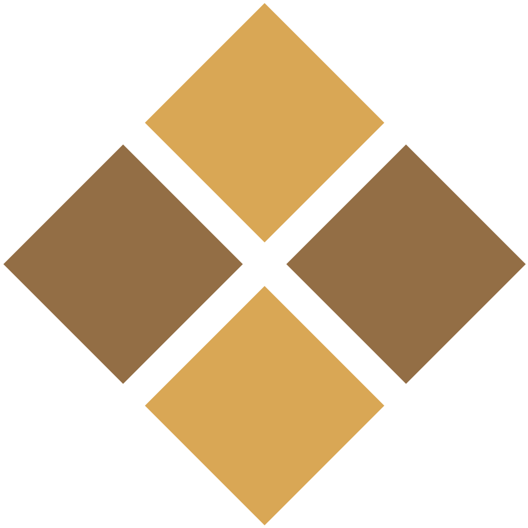 A geometric pattern of six squares arranged in a diamond shape, with shades of gold and brown on a black background.