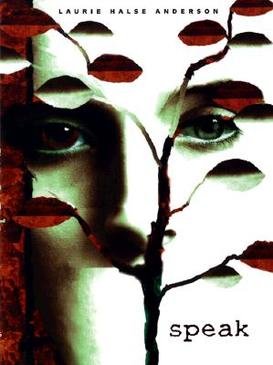 Book cover featuring a woman's face with leaves or branches partially covering it, with the title 'speak' and author Laurie Halse Anderson.