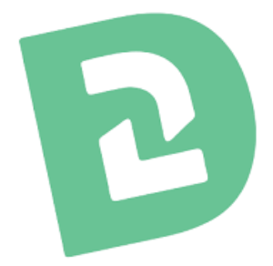Stylized letter D with a number 2 inside a circle, in teal color.