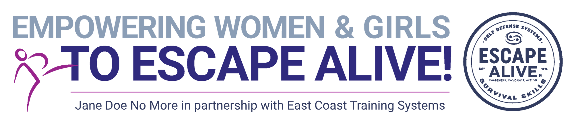 Logo for 'To Escape' with the tagline 'Empower Women & Girls,' featuring a clock face with a person escaping and a pink arrow.