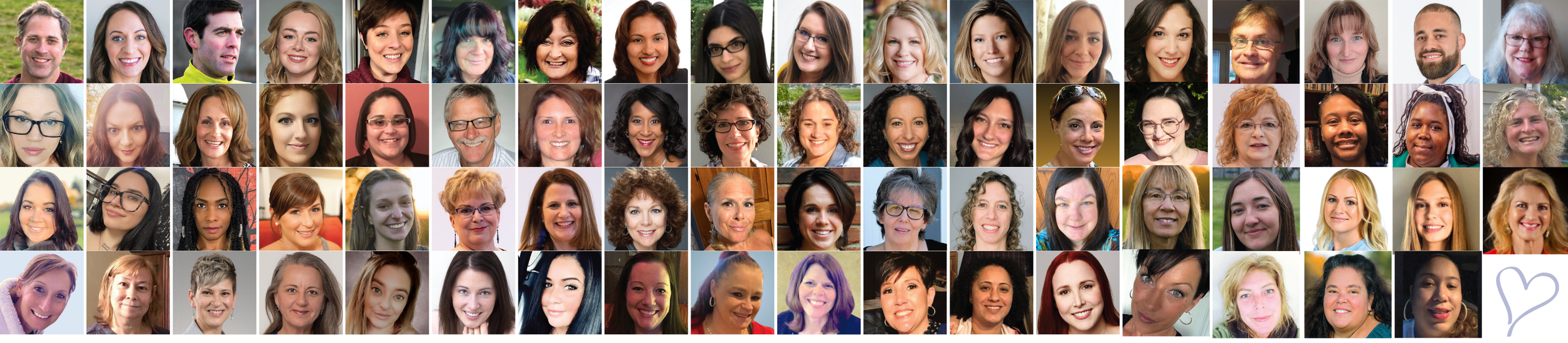 A collage of 58 diverse people, including men and women of various ages and ethnicities, smiling and looking at the camera.