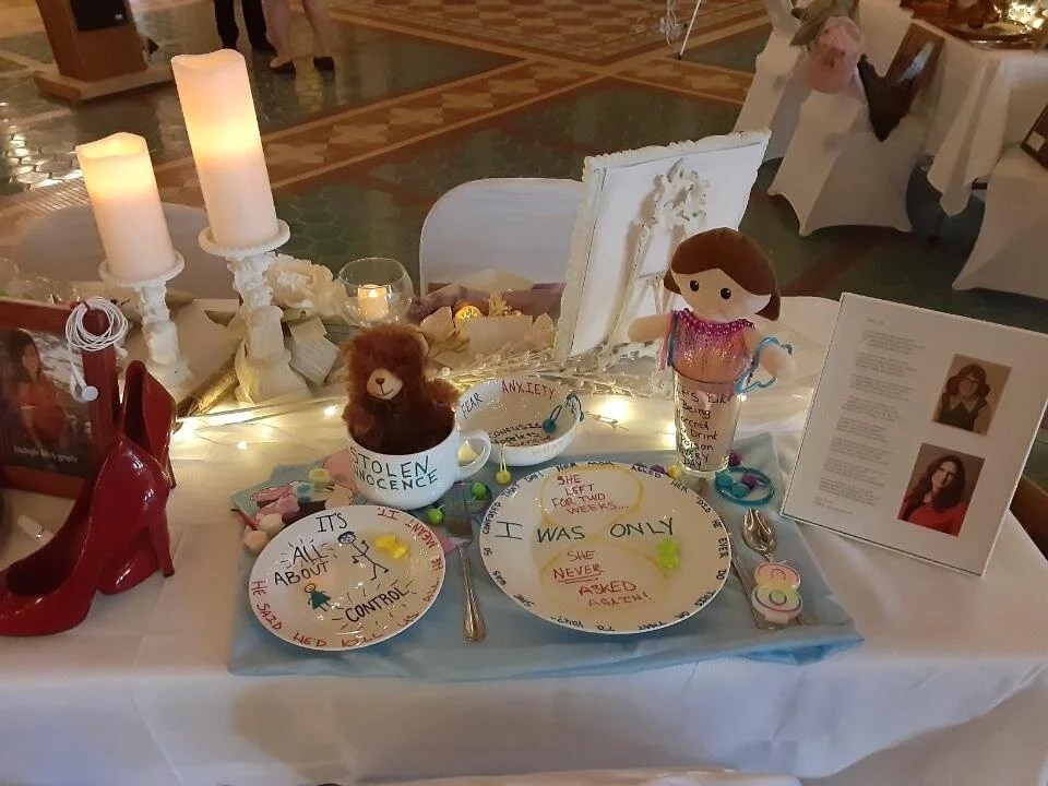 This place setting by Barb Jenkins is part of an exhibit, ‘Empty Place at the Table’ honoring victims and survivors of child sexual abuse. 12 place settings were displayed at the State Capitol in Helena, Montana during April 2021