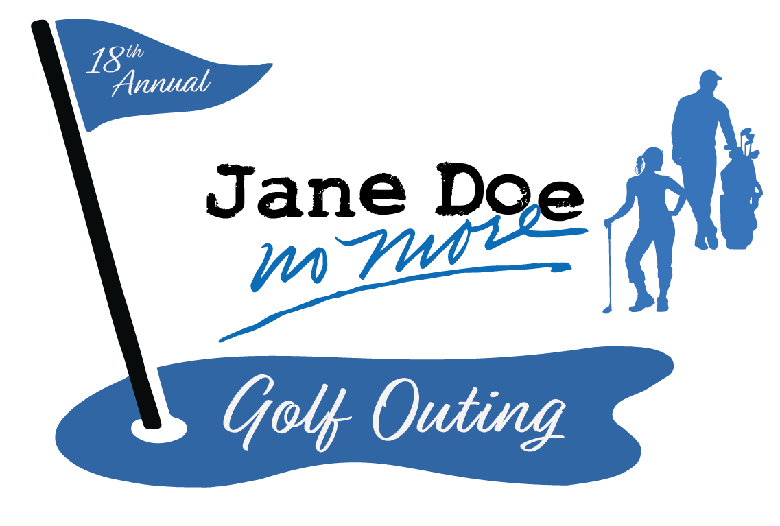 Logo for the 18th Annual No More Golf Outing with a blue flag and silhouettes of two people with golf clubs.