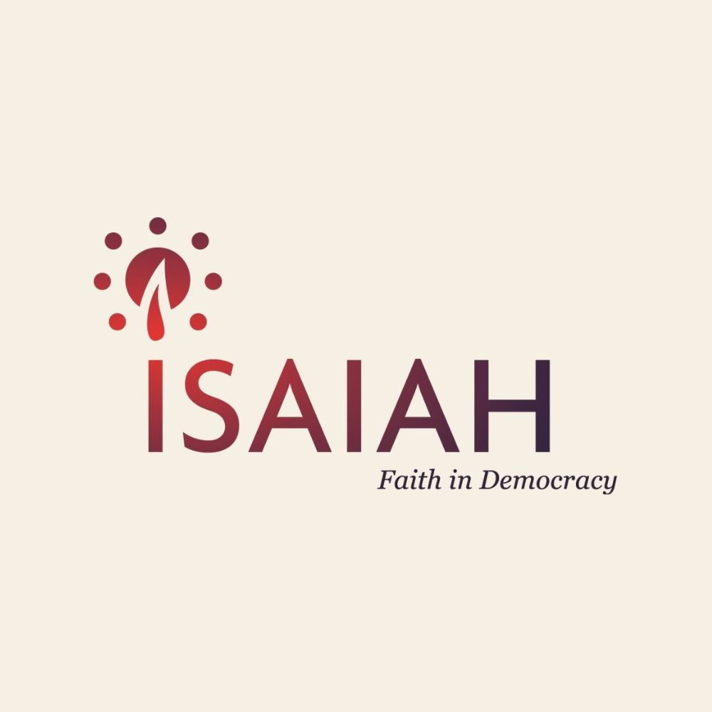 Logo with a stylized clock and the text 'ISAIAH' and the slogan 'Faith in Democracy'.