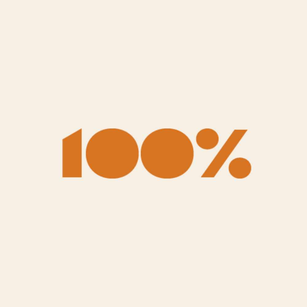 Text reading '100%' in bold, orange font on a light beige background.