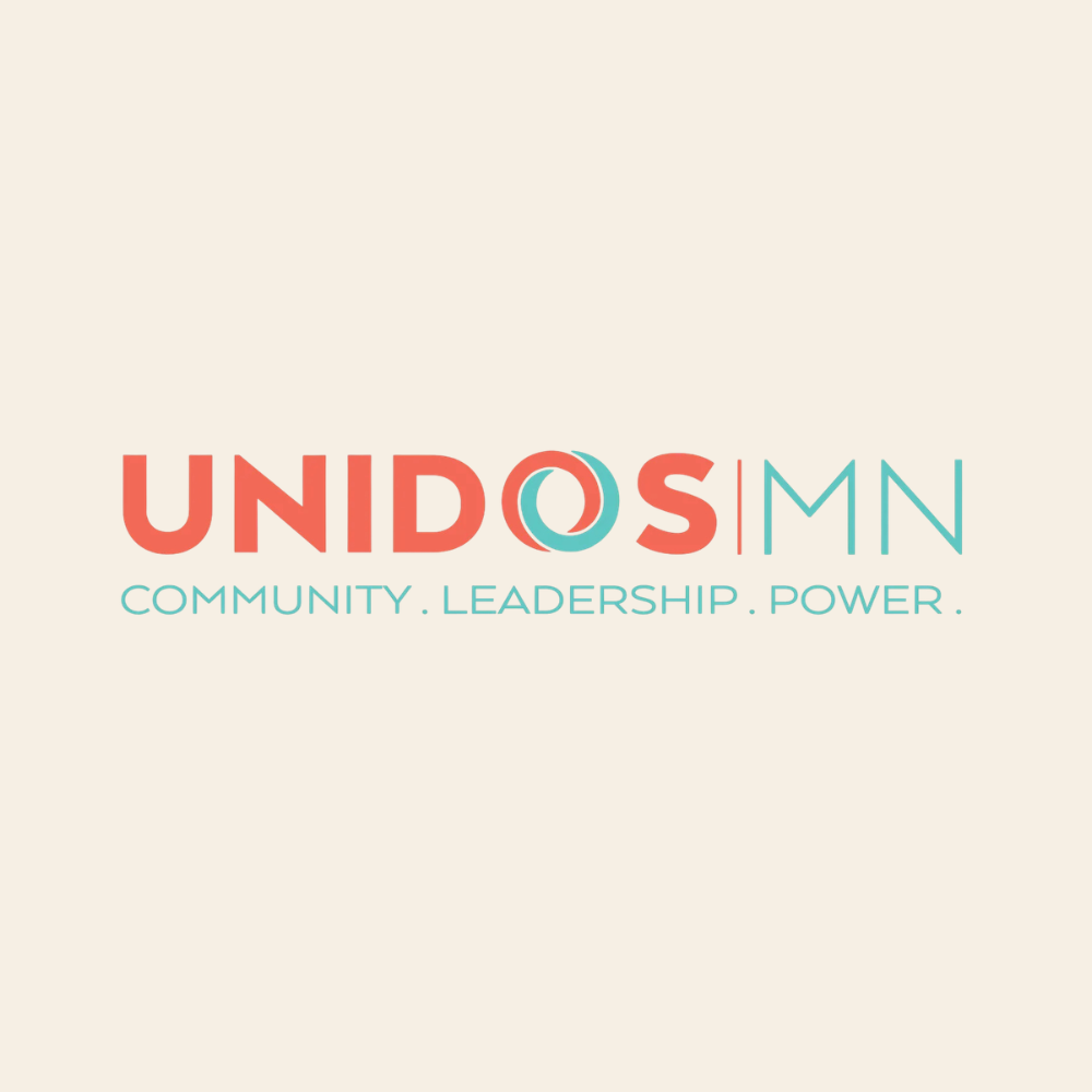 Logo for UNIDOS MN with the words Community, Leadership, Power below.