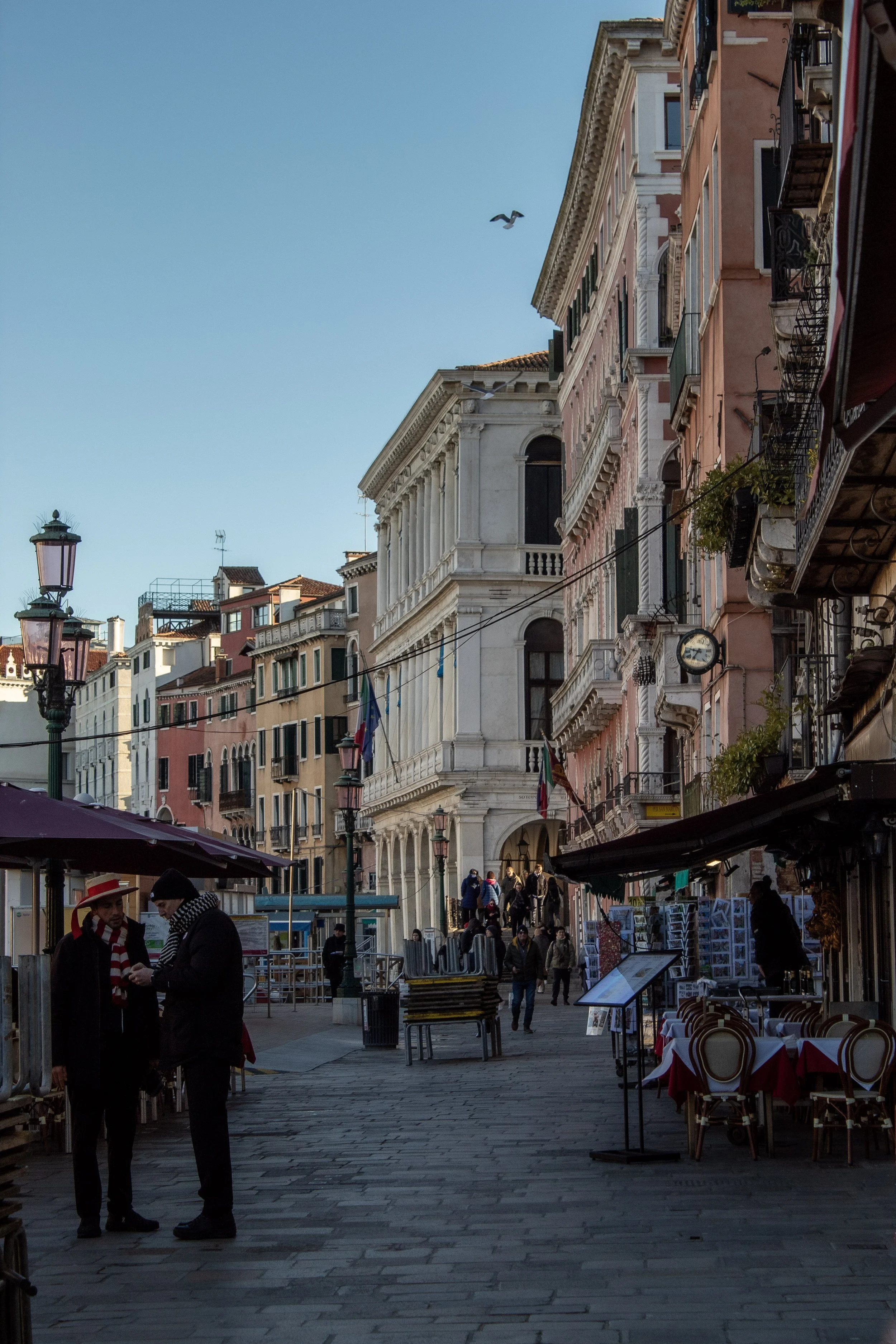 A street scene in Venice, Italy, with colorful buildings, outdoor cafes, street lamps, and people walking. A seagull flies in the sky.