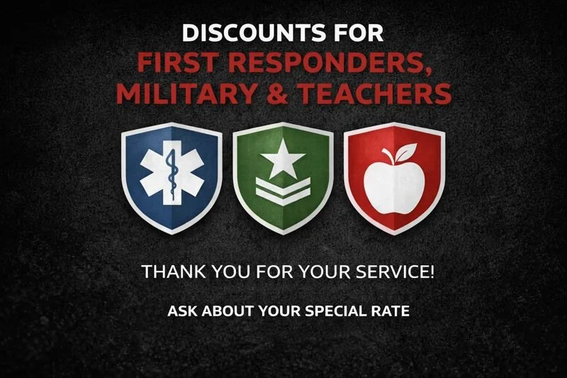 An advertisement offering discounts for first responders, military personnel, and teachers. The image features three shield icons: a blue shield with a medical symbol, a green shield with a star and chevrons, and a red shield with an apple. The text says 'THANK YOU FOR YOUR SERVICE! ASK ABOUT YOUR SPECIAL RATE.'