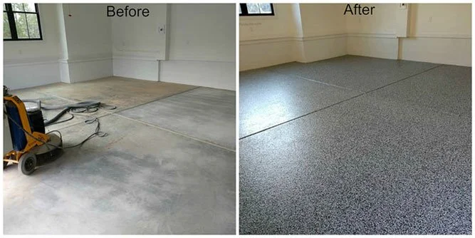 Side-by-side comparison of a room floor before and after carpet installation. The left shows an unfinished concrete floor, and the right shows a finished, textured gray carpeted floor.