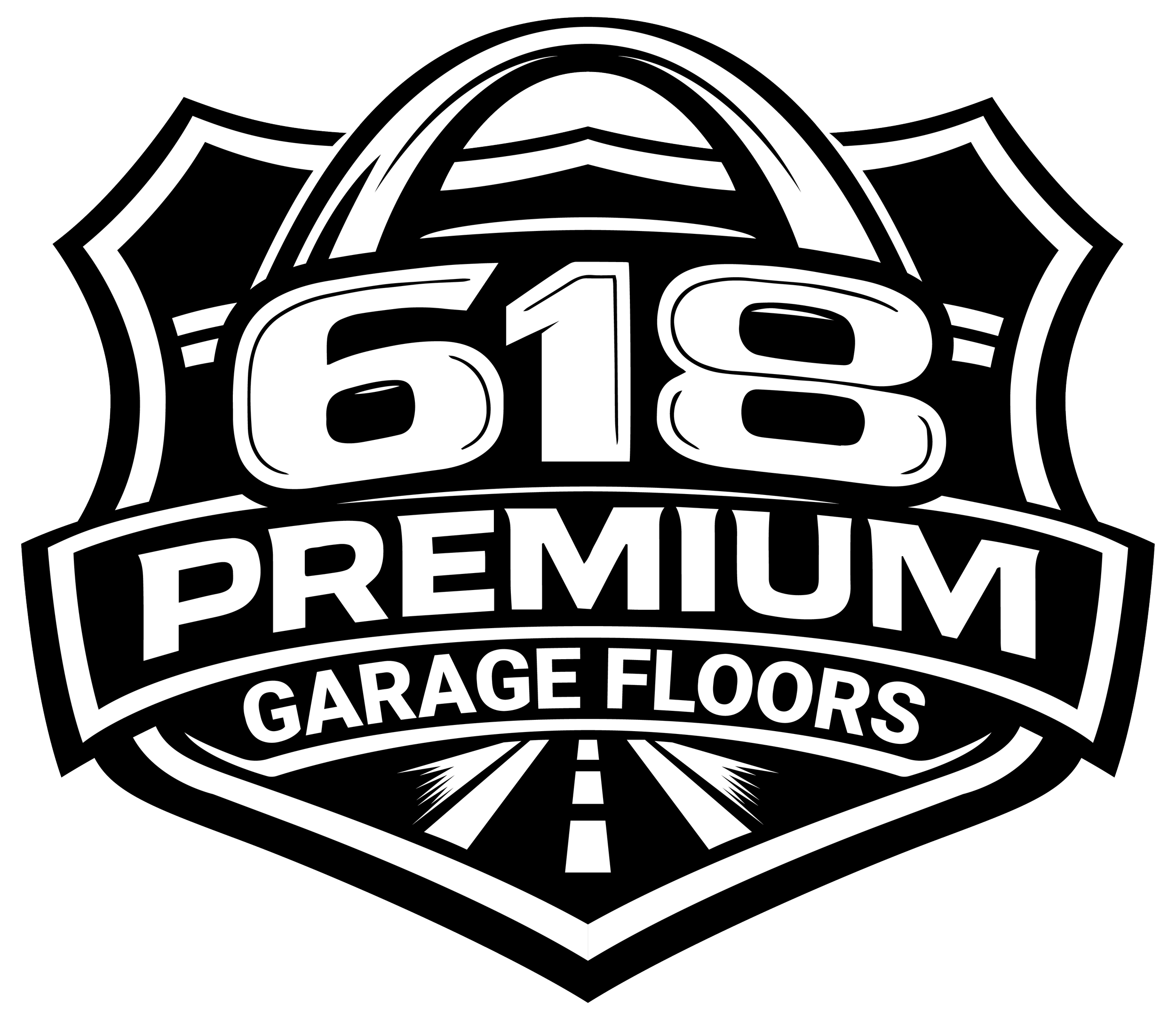 Black and white graphic of a road sign with the number 68, indicating a freeway or highway, with text below reading 'PremiuM Garage Floors'.