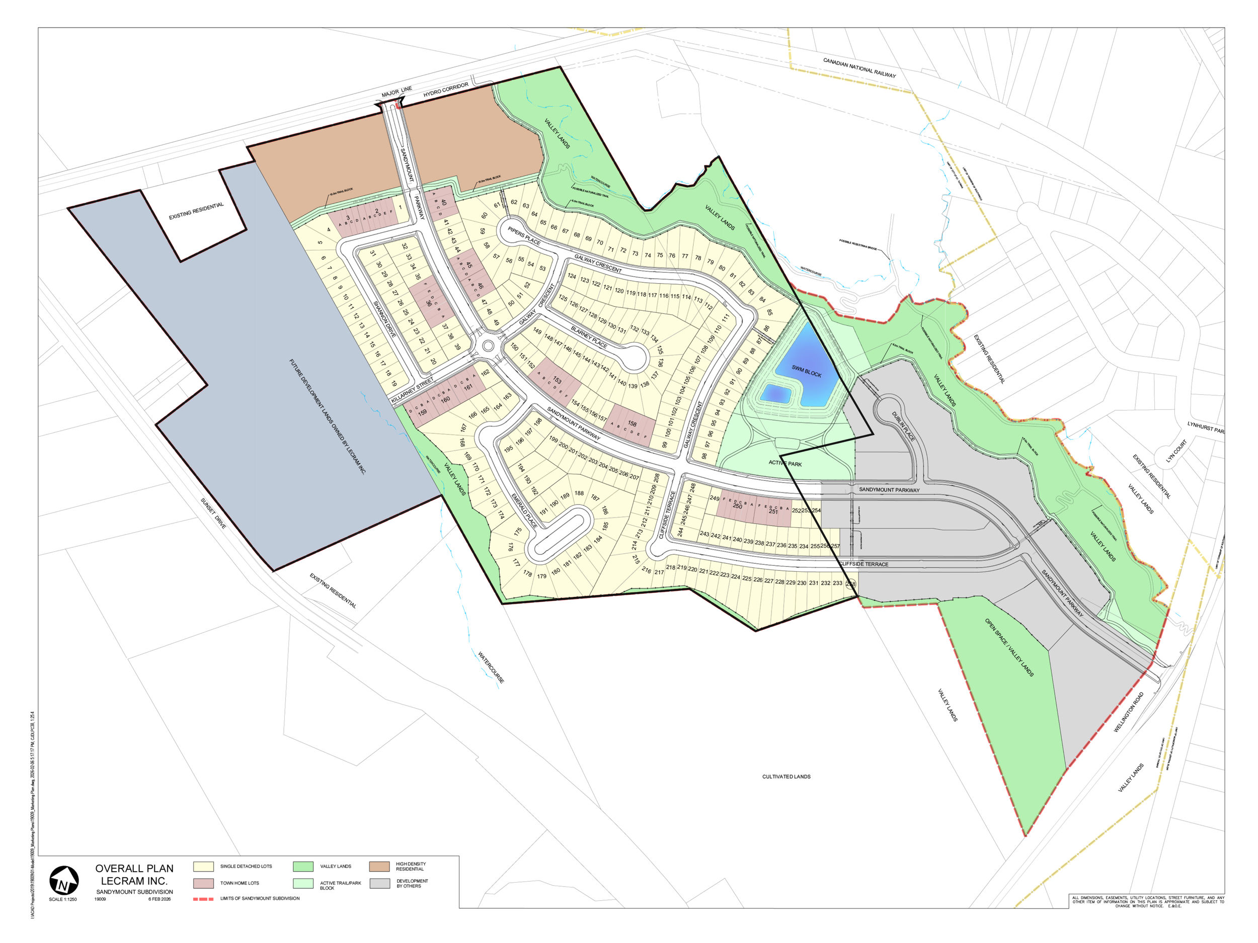 A detailed development plan map showing residential lots, roads, a pond, a swim block, an active park, green valley lands, other land features, and boundaries for a subdivision project.
