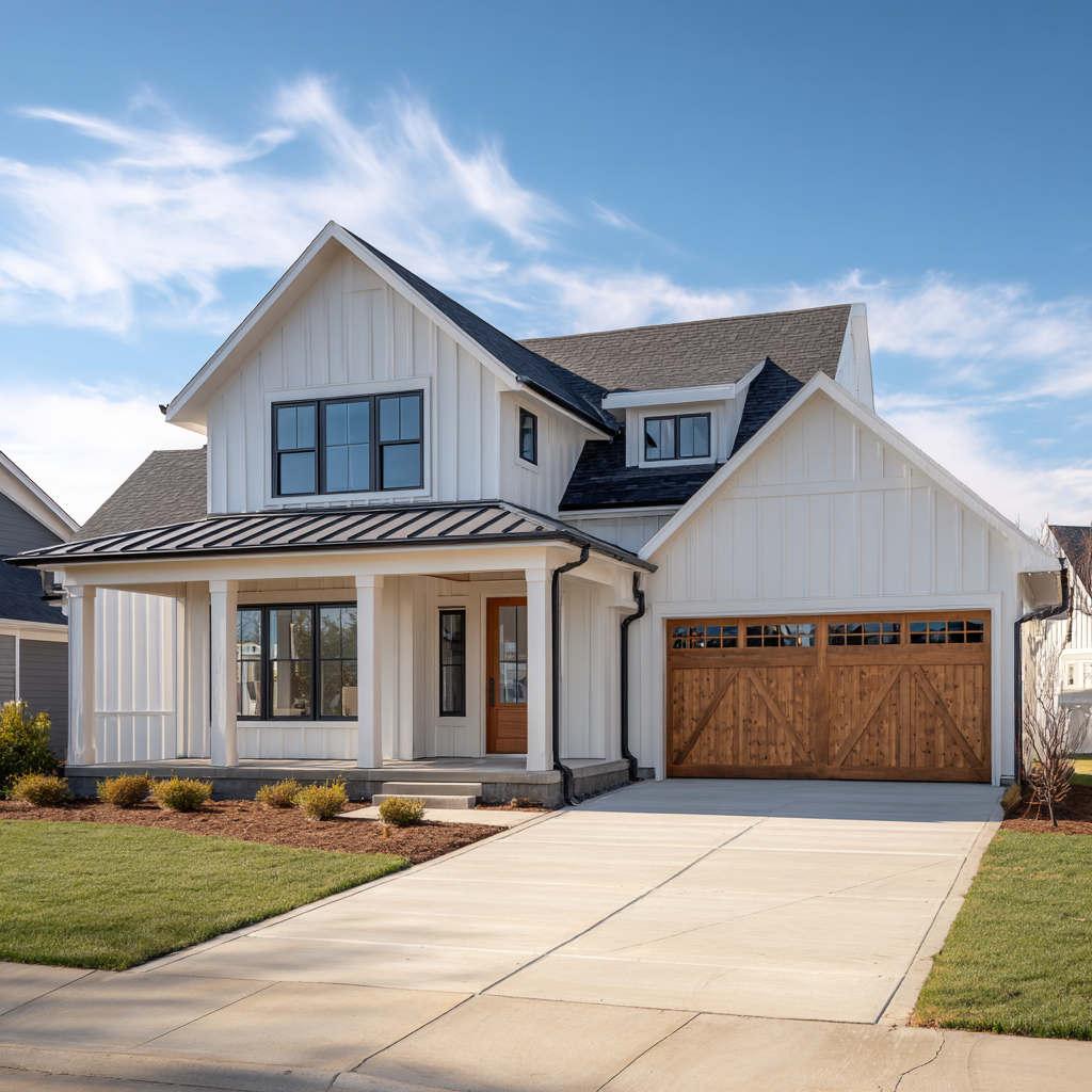 A white two-story house with black window frames, a wooden front door, and a wooden garage door. The house has a well-maintained lawn and a concrete driveway, with a blue sky and some clouds in the background.