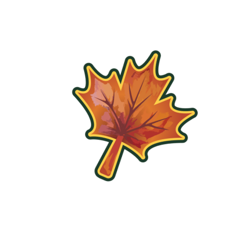 A colorful sticker of an autumn maple leaf with shades of orange, red, and yellow, outlined in a green border.