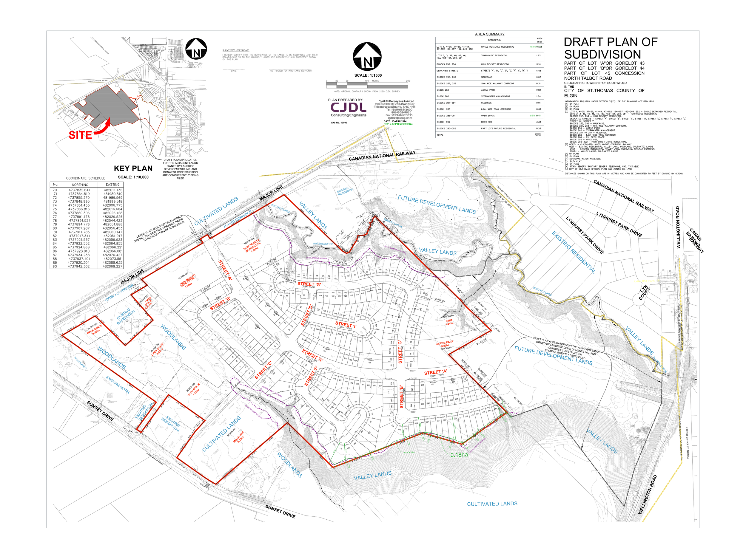 Map showing a subdivision plan with streets labeled A to G, added land uses, existing and future development lands, and boundaries marked with red lines. Notable roads include Sunset Drive and Wellington Road.