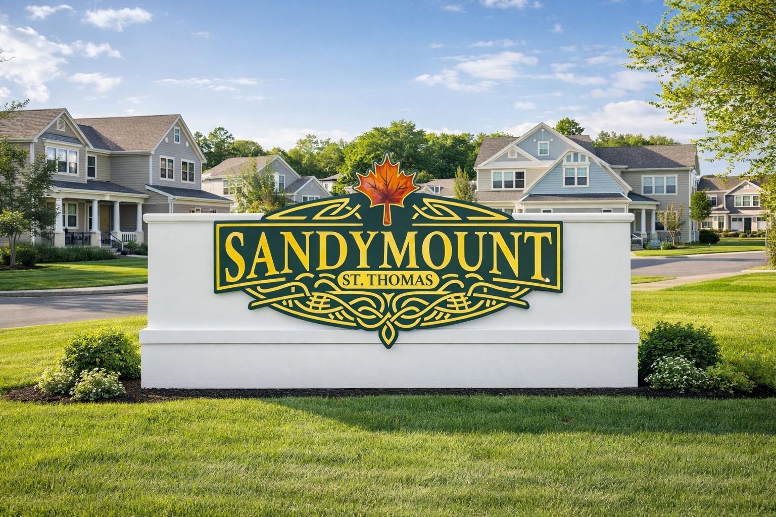 A sign reading 'Sandy Mount St. Thomas' in front of a row of houses in a suburban neighborhood under a blue sky.