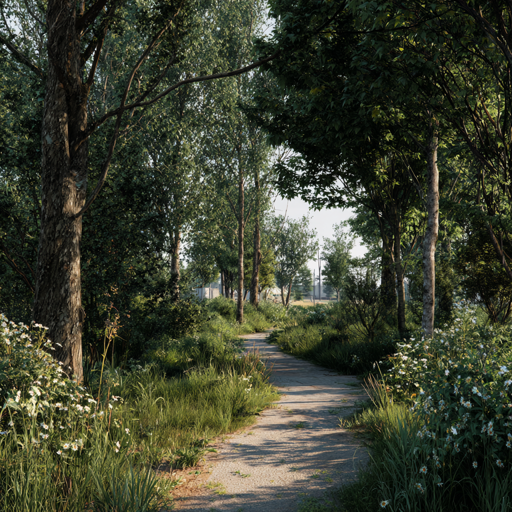 A winding dirt path through a lush green park with trees and wildflowers on either side, sunlight filtering through the leaves.