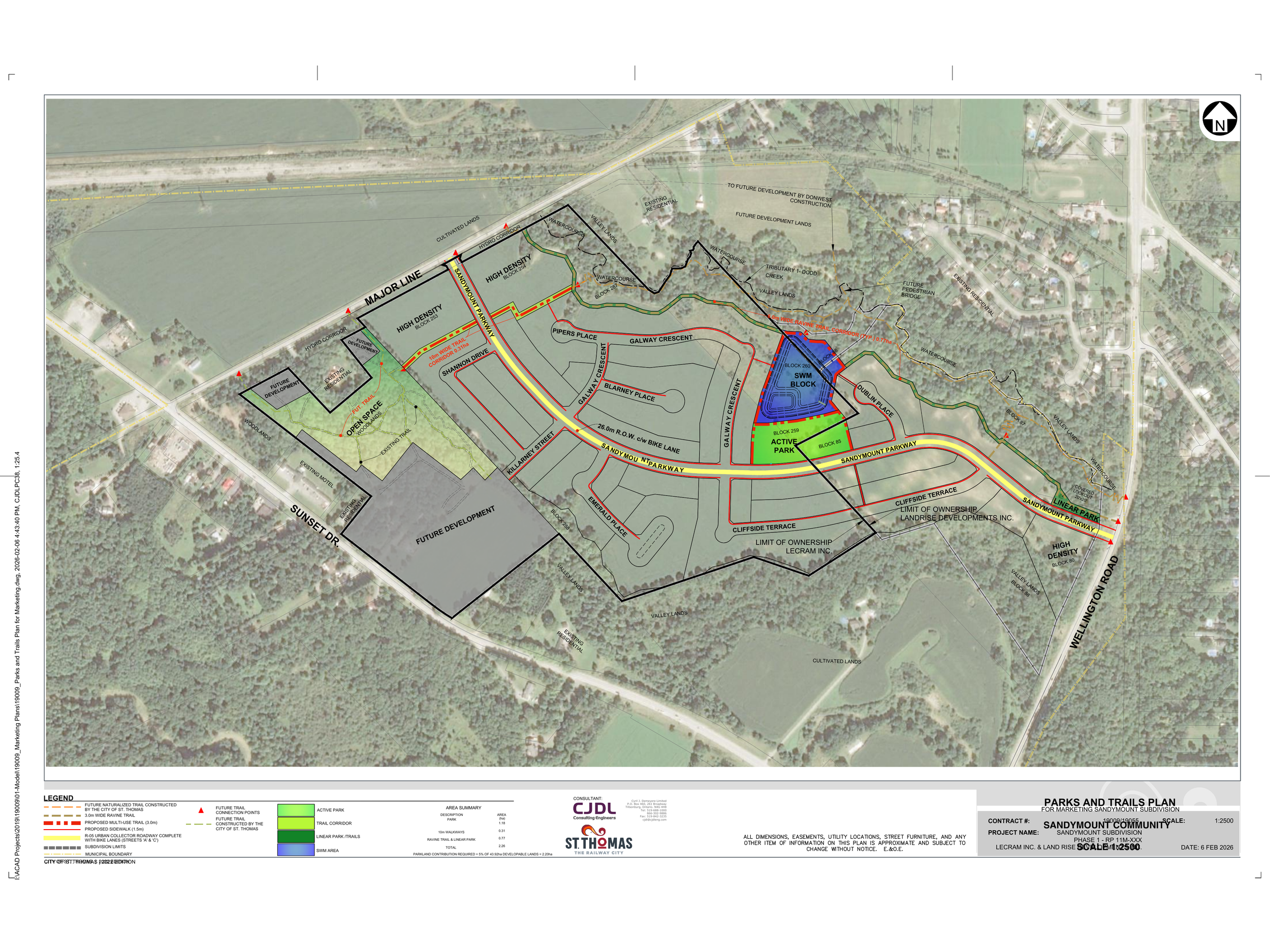 A detailed development plan map for Sandymount Subdivision, showing roads, parks, proposed infrastructure, future developments, trails, and key landmarks, with a satellite background for geographic context.