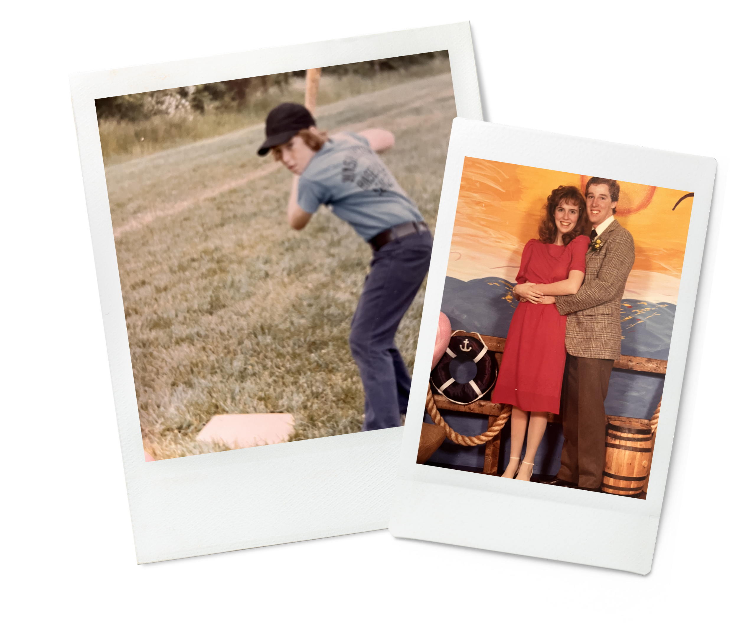 Two vintage Polaroid photos, one of a person pitching a baseball outdoors, and another of a smiling couple dressed in vintage attire, standing indoors with a nautical background.