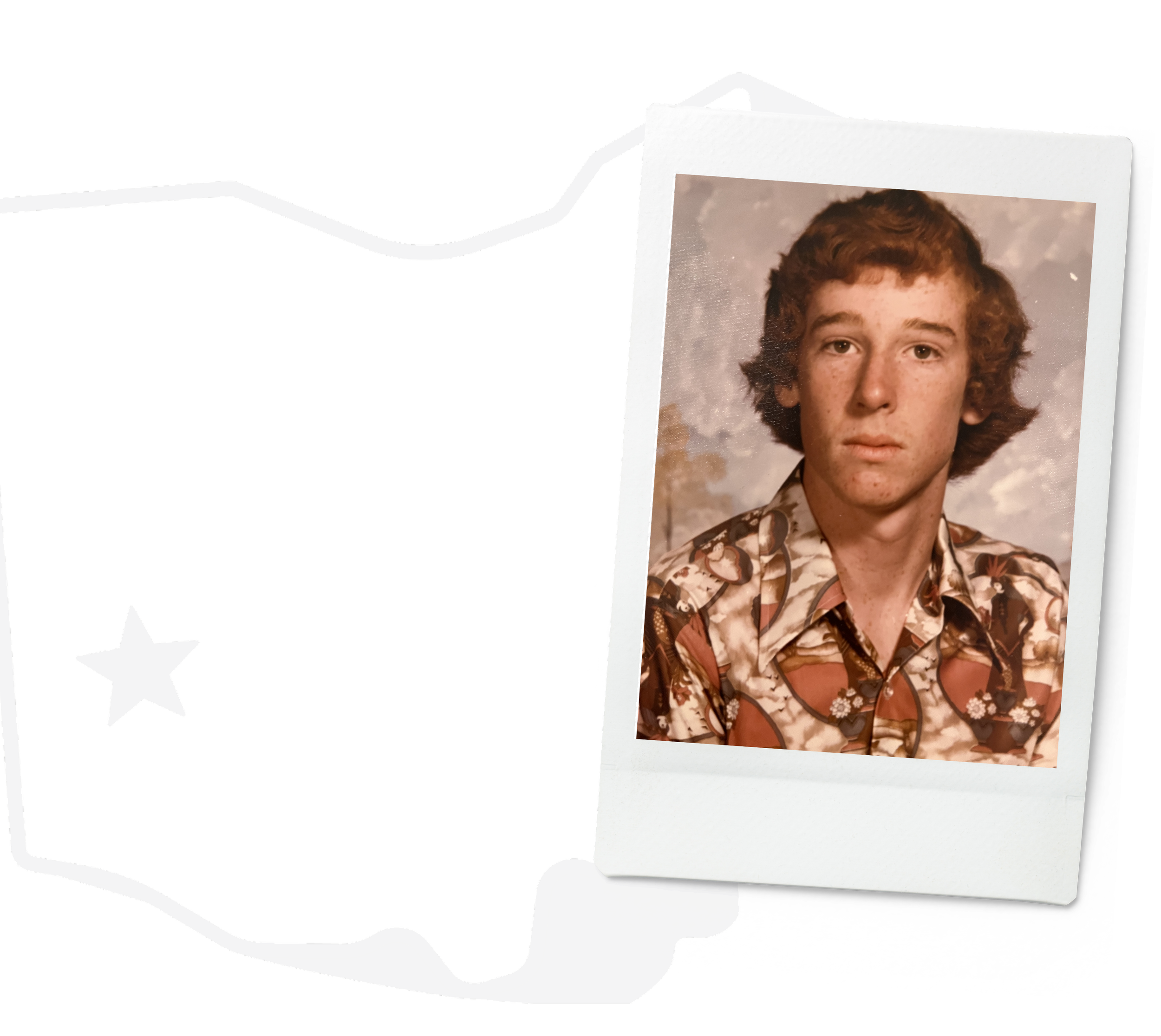 A vintage portrait of a young man with curly red hair, wearing a patterned shirt with a mix of brown, orange, and cream colors.