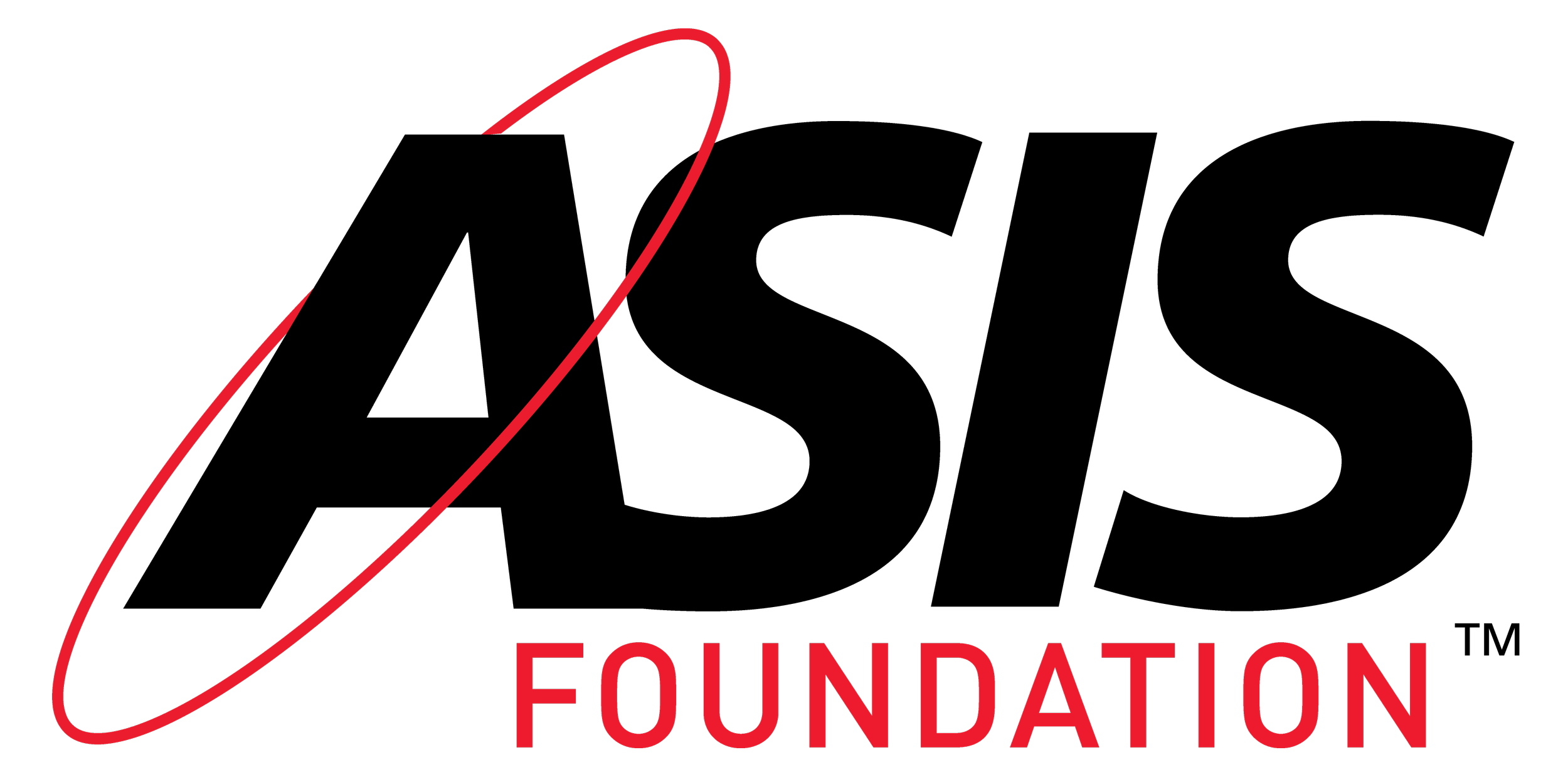 Stylized black and red logo for the ASIS Foundation, featuring a red cursive circle, the word "ASIS" in black capital letters  and the word "FOUNDATION" in red capital letters.