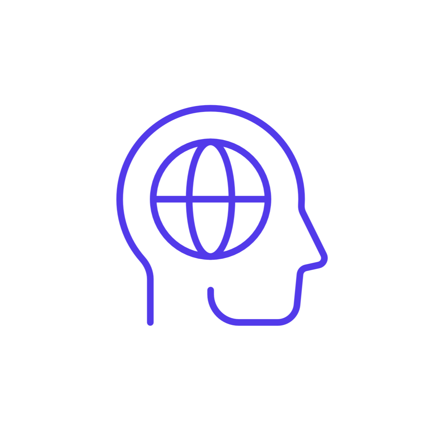 Outline of a human head with a globe inside, symbolizing global knowledge or thinking.