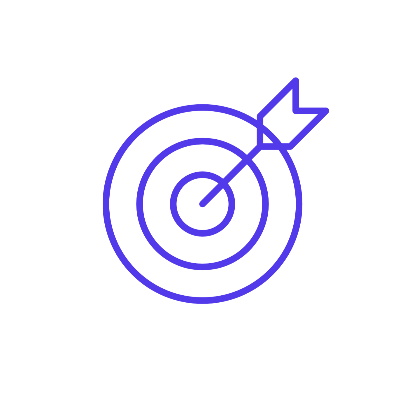 Blue outline of a target with concentric circles and an arrow hitting the bullseye.