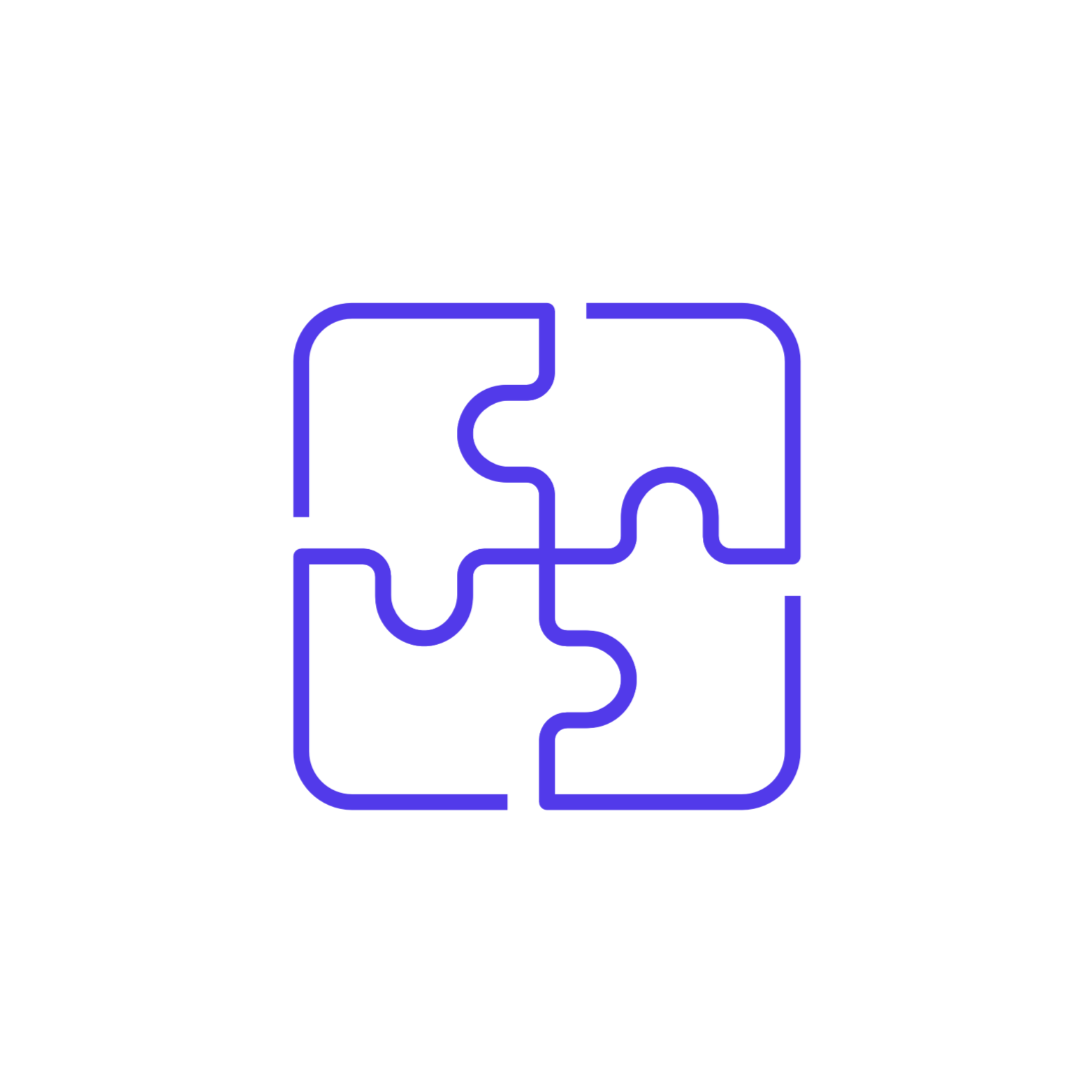 Minimalist outline of four interconnected puzzle pieces in purple.