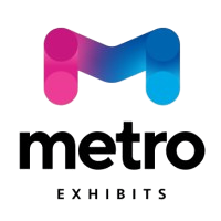 Logo with three interconnected spheres in pink and blue, with the text 'Metro Exhibits' below.