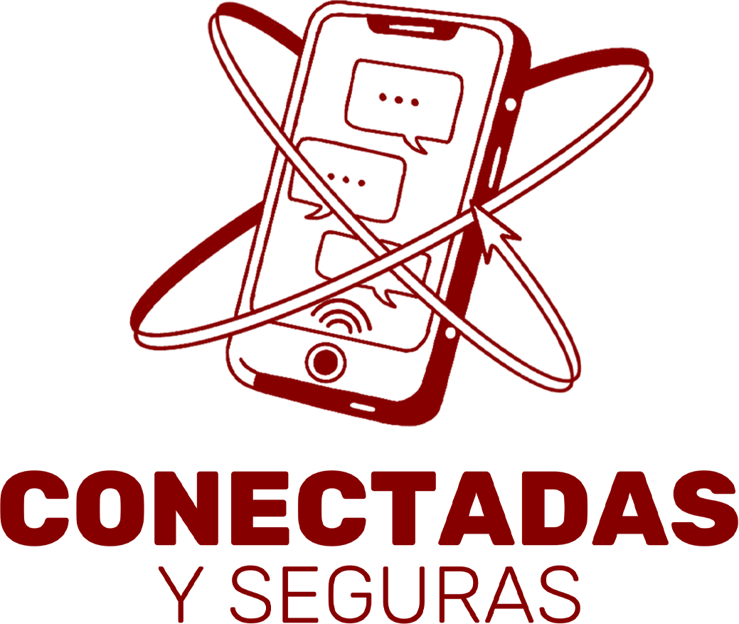 Ilustración en rojo de un teléfono móvil con varias líneas que representan conexiones, y el texto "Conectadas y Seguras" debajo.
