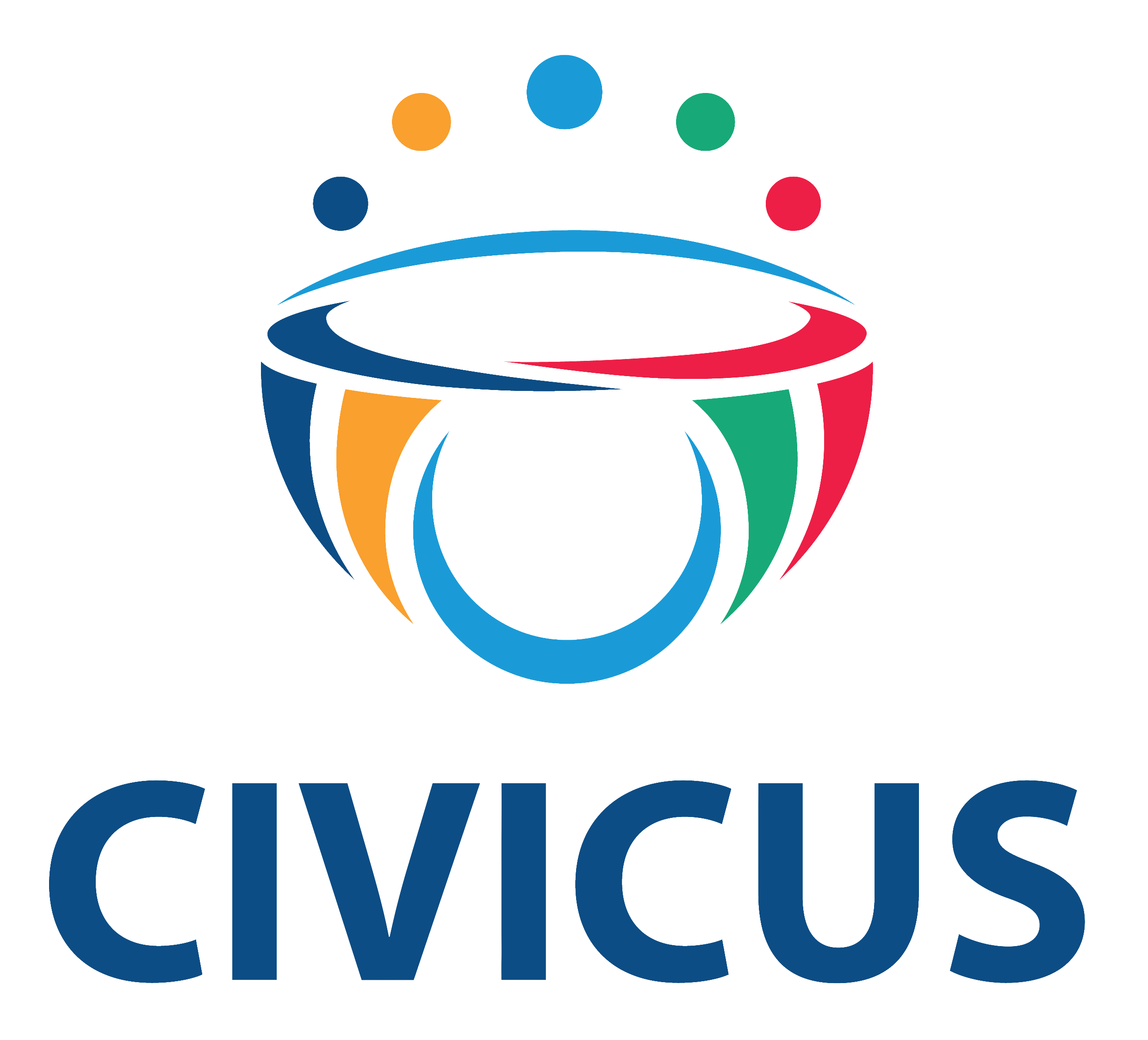 Logotipo de CIVICUS con un globo terráqueo estilizado rodeado de puntos de colores y el texto 'CIVICUS' debajo.
