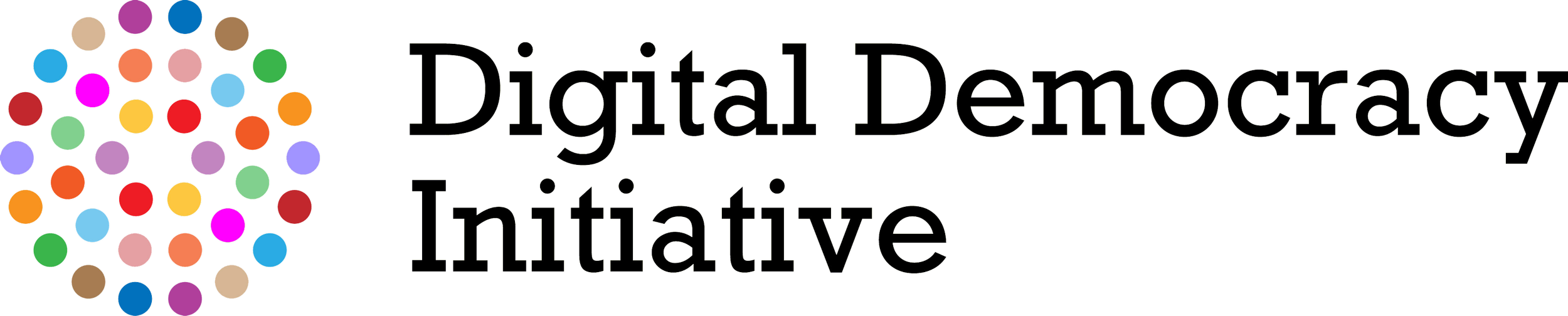 Logotipo con múltiples círculos de colores formando un patrón y el texto 'Digital Democracy Initiative' en fondo verde.