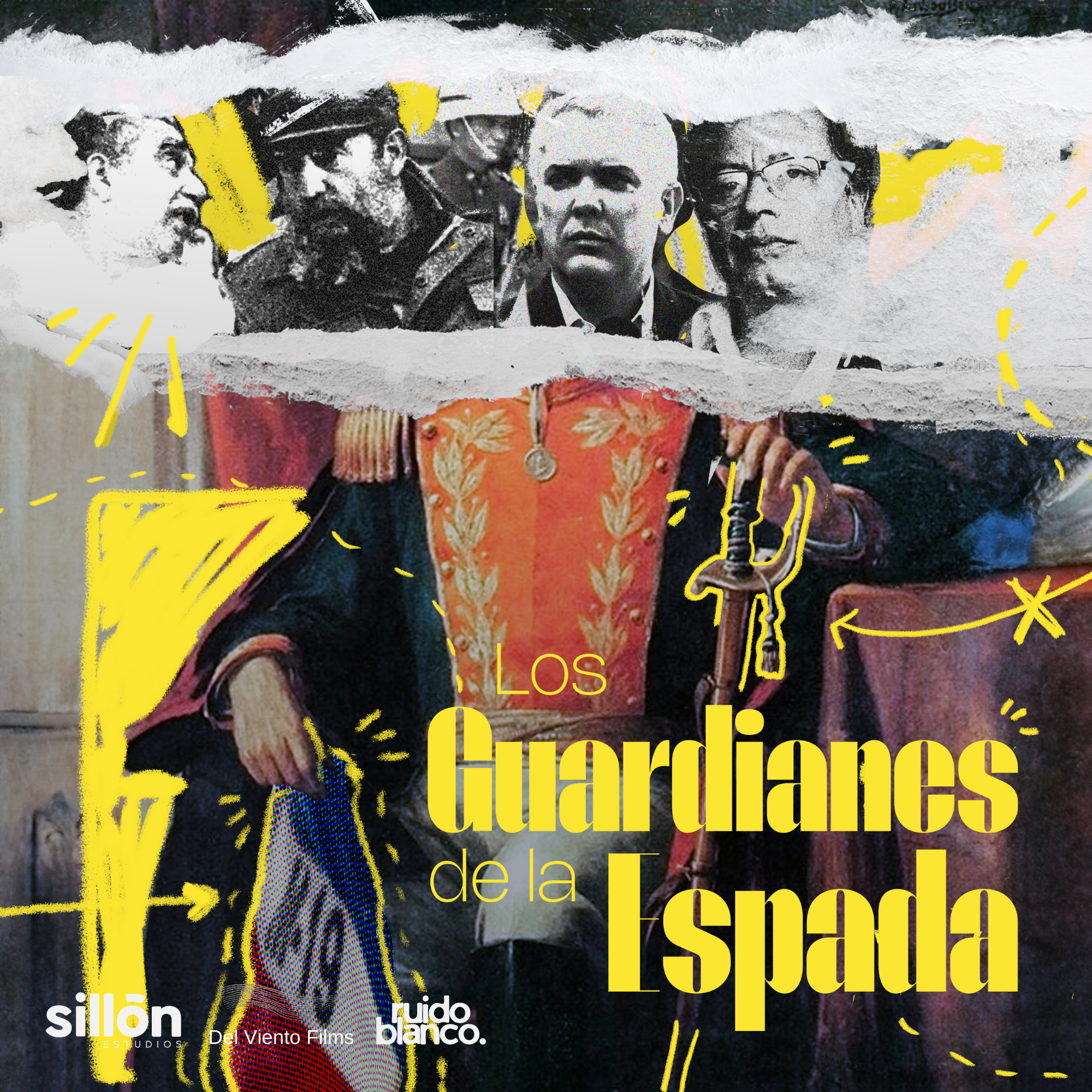 Poster for a film titled "Los Guardianes de la Espada" by Del Viento Films. The poster features a mixture of historical and fantasy elements with three people and a medieval sword.