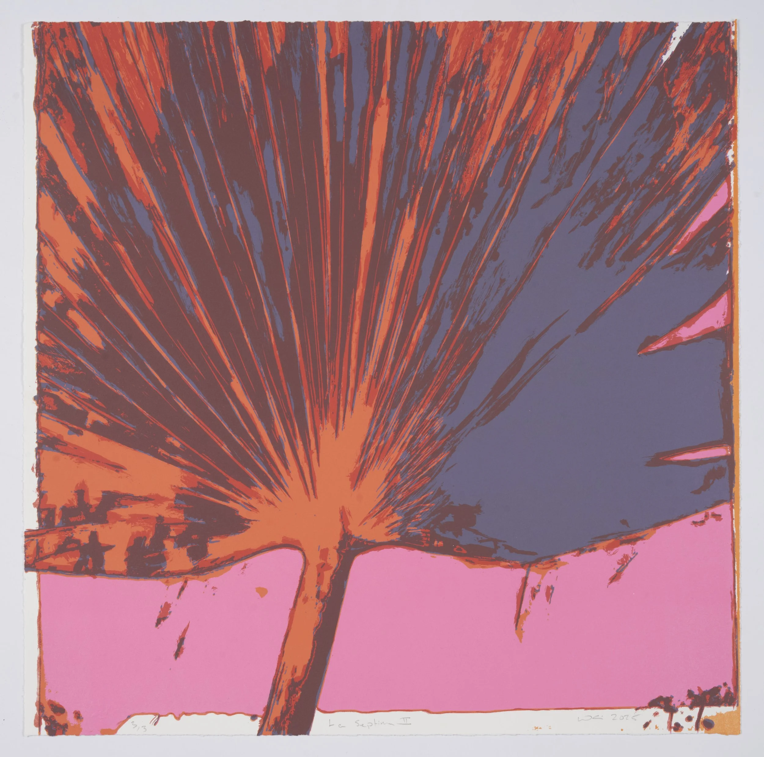 La Séptima II, a four-color original fine art lithograph by Damien LaRue, showing detailed leaf veins and violet mid-tones on Somerset paper.