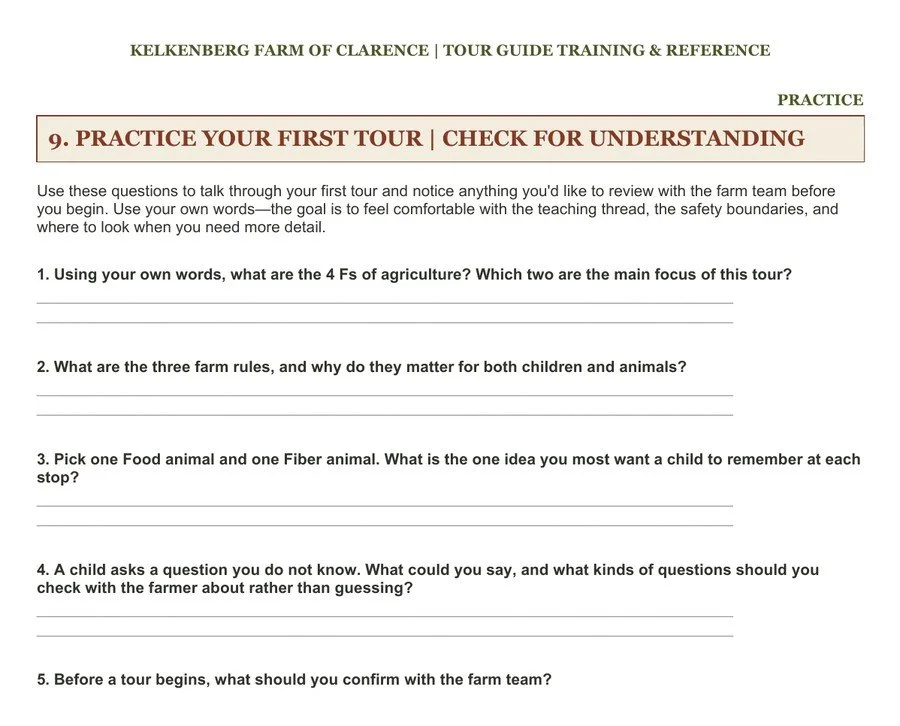 Practice Your First Tour page with five check-for-understanding questions for new guides.
