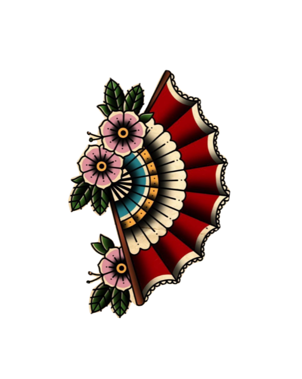 Un éventail rouge décoré de fleurs roses et de feuilles vertes.