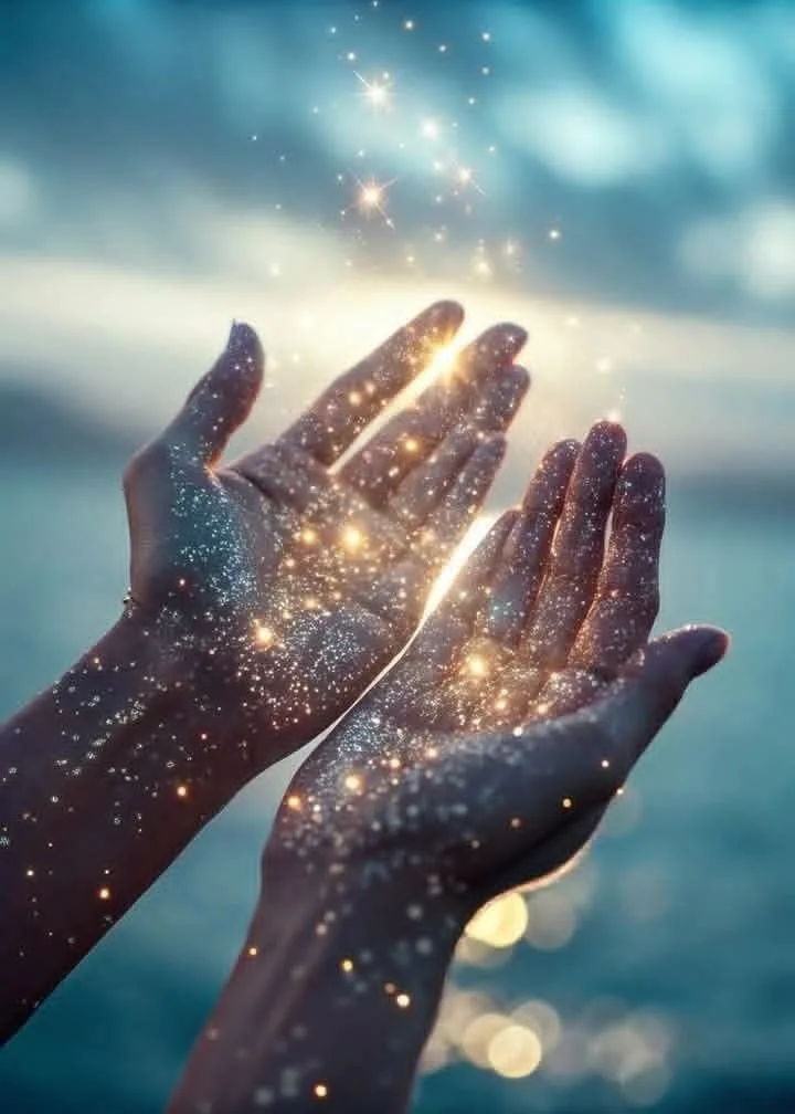 Deux mains levées vers le ciel avec des étincelles lumineuses et un effet de magie, évoquant un sentiment d'émerveillement ou de rêve au coucher du soleil.