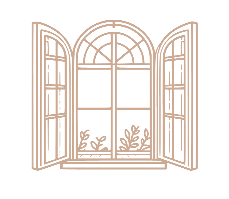 Une illustration d'une fenêtre avec volets ouverts, montrant des plantes à l'intérieur.