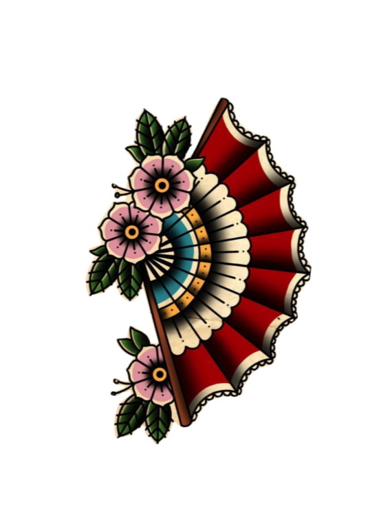 Un éventail japonais décoré de fleurs roses et de feuilles vertes.