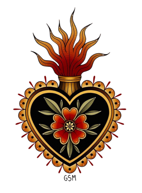 Cœur noir avec un motif floral orange, entouré d'une décoration de style traditionnel, avec une flamme rouge orange en haut.