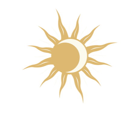 Soleil stylisé avec un croissant de lune au centre, couleurs dorées et blanches sur fond noir.